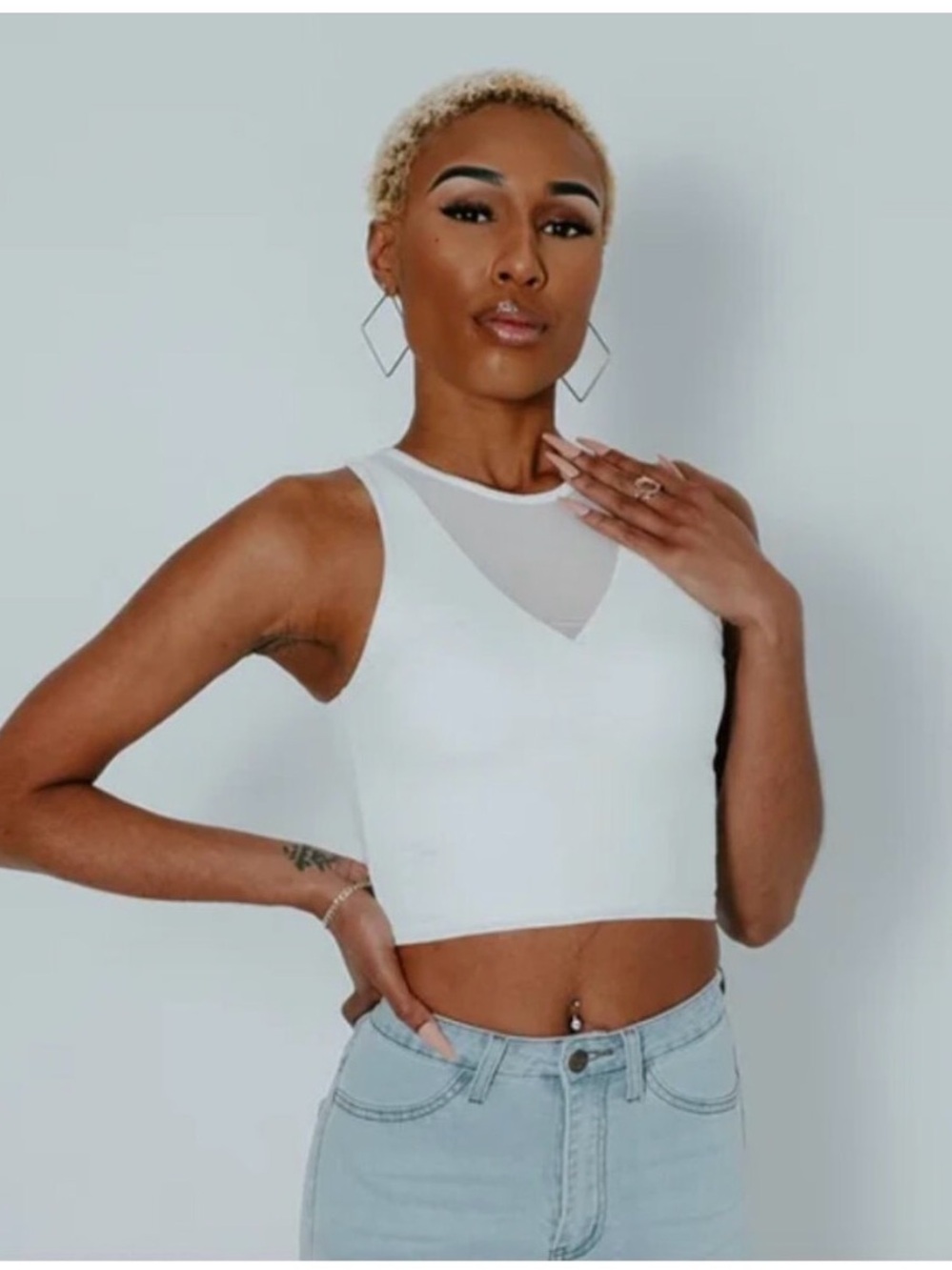 Klassy Network White Mesh-Inset Cropped Tank